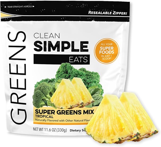 Clean Simple Eats Super Greens Powder, Naturally Flavored Greens Powder with Chlorella, Spirulina, Superfoods & Prebiotic Fiber, No Artificial Ingredients, Gluten Free, Tropical Greens Flavor, 30 Srvg