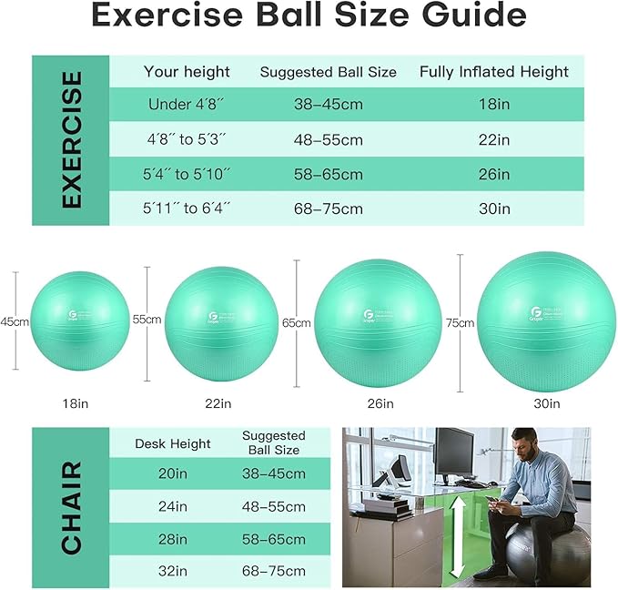 Yoga Ball, 22-30 Inch Extra Thick Exercise Ball for Workout Fitness Balance, Anti Burst Chair for Home and Office Desk, Includes Hand Pump & Workout Guide Access