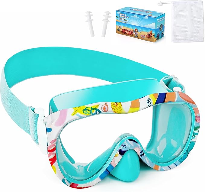 Kids Swim Goggles with Nose Cover, 180° Panoramic Snorkel Mask with Anti-Fog & Anti-Leak Design, Comfort Fabric Strap UV Protection Lens for Boys Girls Ages 3-15
