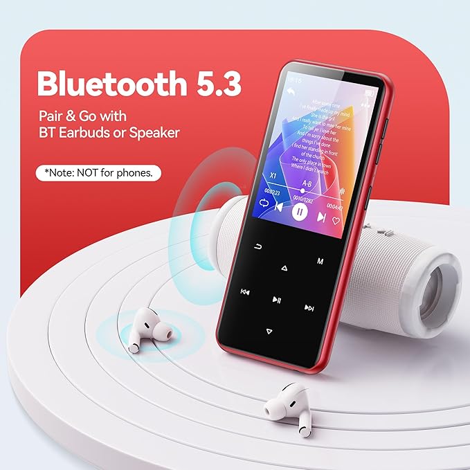 AGPTEK 64GB MP3 Player with Bluetooth, M3 2.4 inch Music Player with Speaker and FM Radio, Touch Buttons, Supports Up to 128GB (Black Red)