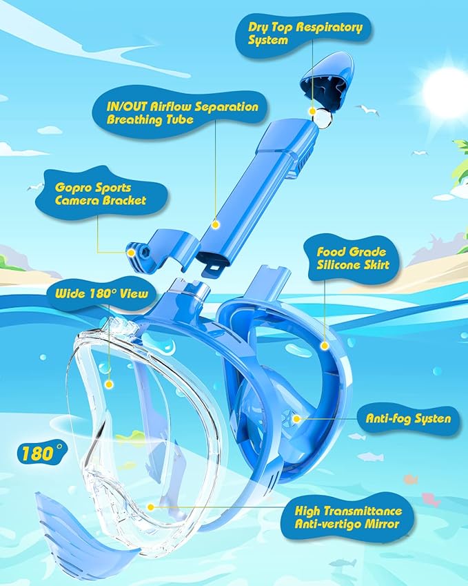 QingSong Kids Snorkel Mask Full Face, Snorkeling Set with Camera Mount, Foldable 180 Degree Panoramic View Snorkeling Gear Anti-Fog Anti-Leak