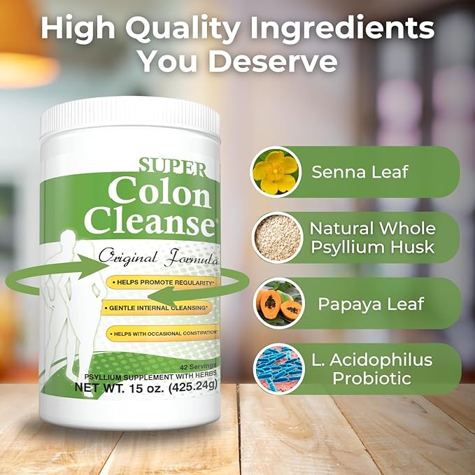 Health Plus Super Colon Cleanse Original Formula (1990-2025), 15 oz Powder, 42 Servings, with Psyllium Husk and Senna Leaf for Constipation Relief and Digestive Support