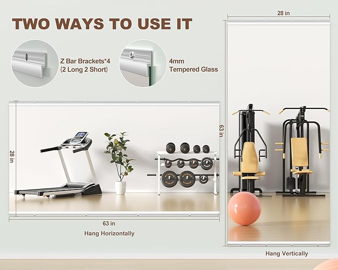 Hasipu Home Gym Mirror 63" L x 28" W - 1PC Large Full Body Mirror for Yoga, Wall-Mounted Mirrors for Fitness, Garage, Dance Studio, 0.16in Tempered Glass Frameless