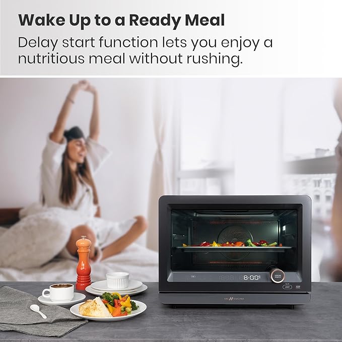 7-in-1 Steam Convection Oven Countertop with Air Fry, Bake, Sous Vide, Ferment, Built-in Recipes | Anti-Scalding, Self Clean, Food-grade Stainless Steel Cavity & Accessories | 1500W (Black)