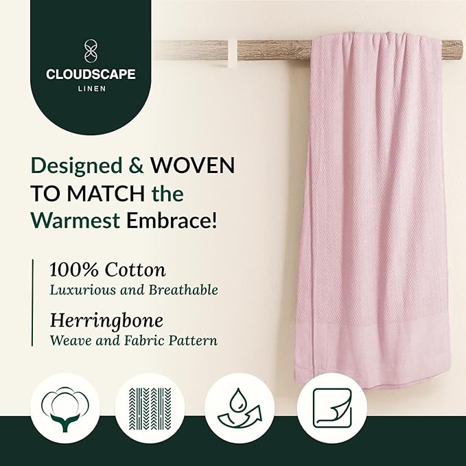 Cloud Scape Linen Herringbone Cotton Twin Blanket for Couch, Bed,Sofa, Home Decor, Soft, Lightweight, All-Season Bed Blanket, 68 x92, Seashell Pink