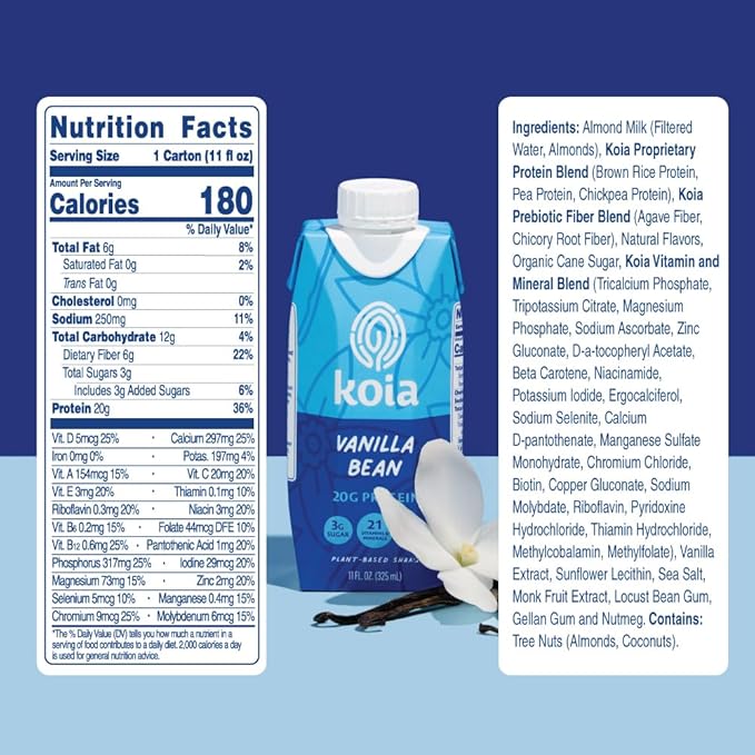 Koia Plant Based Protein Shake, Vanilla Bean, 20g Protein, 3g Sugar, 6g Prebiotic Fiber, 21 Vitamins & Minerals, Meal Replacement Drinks, Dairy-Free, Gluten-Free, Non-GMO, 11 Fl Oz (Pack of 18)
