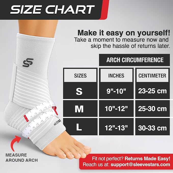 Sleeve Stars Ankle Brace for Women & Men, Ankle Wrap for Sprain, Compression Sleeve for Plantar Fasciitis Relief, Easy Customizable Support: w/ Removable Strap (Single/M:10"-12"/White)