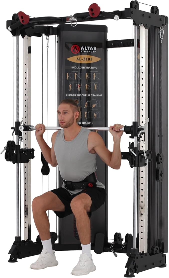 Altas Strength Folding Home Gym Smith Machine with Pulley System Gym Squat Rack Weight Bar Upper Body Strength Training Leg Developer Commercial Fitness Equipment Included Accessories 3101