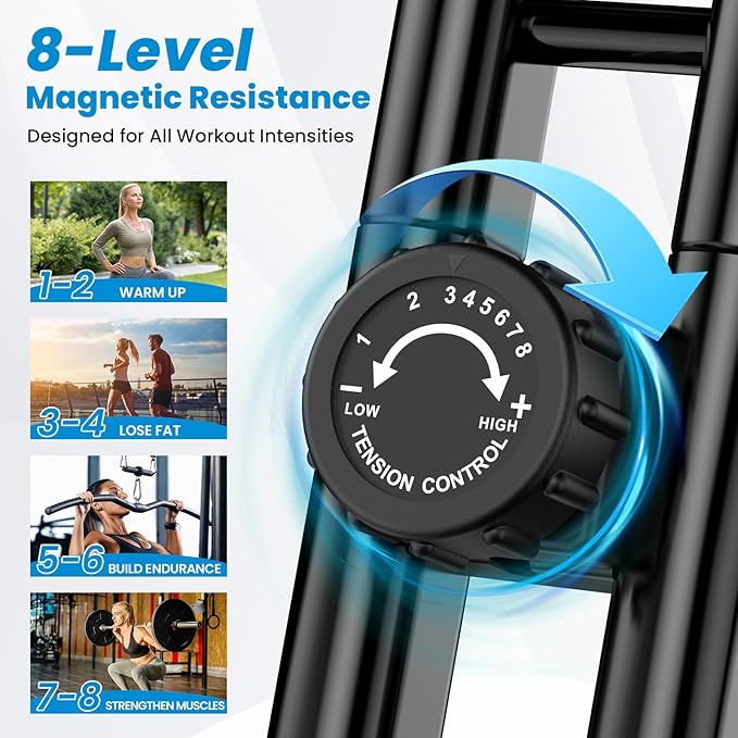 Foldable Exercise Bike, Multifunctional Indoor Stationary Bikes for Home with 8-Level Magnetic Resistance, Quiet Workout Bike with Arm Resistance Bands, LCD Monitor, 300LBS Capacity