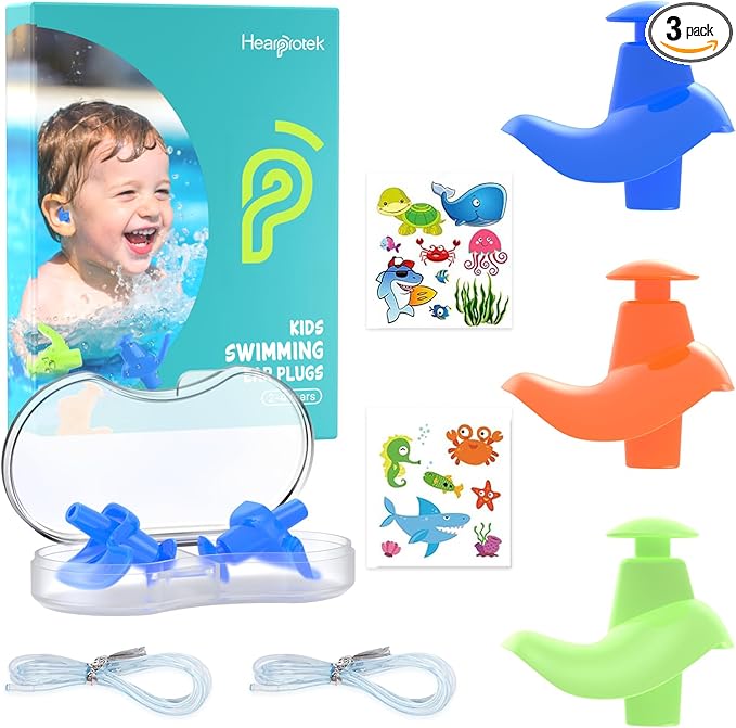Hearprotek 3 Pairs Swimming Ear Plugs for Kids, Soft Silicone Reusable Waterproof Earplugs for Toddlers Bathing Swimming and Other Water Sports(Blue/Orange/Green)
