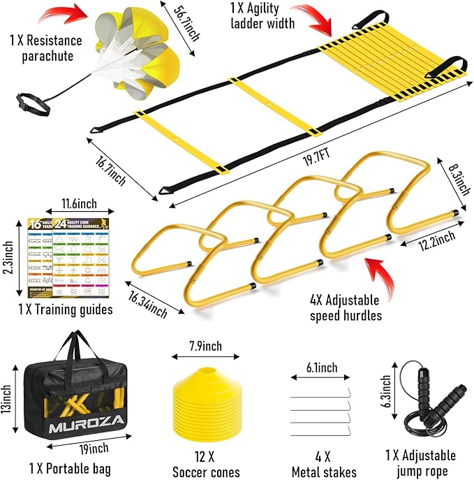 Agility Ladder, Speed Training Equipment Set, 20ft Agility Ladder, 12 Soccer Cones, 4 Hurdles, Jump Rope, Running Parachute, Basketball Football Soccer Training Equipment for Kids, Youth, Adults