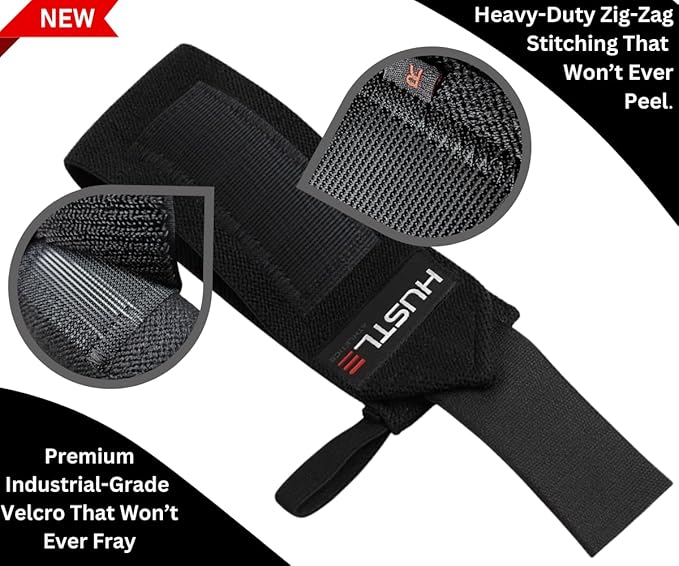 Hustle Athletics Wrist Wraps for Weightlifting – Max Wrist Support for Safe & Heavy Lifts, USPA Approved 18" & 12" Lengths, Thumb Loop Gym Straps for Powerlifting & Weight Lifting for Men and Women