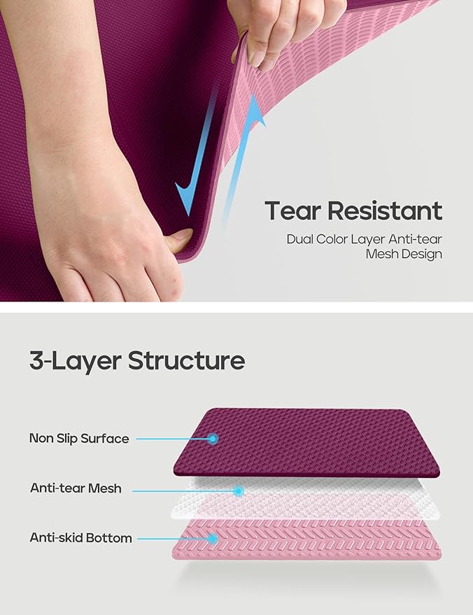 Heathyoga Eco Friendly Non Slip Yoga Mat, Body Alignment System, SGS Certified TPE Material - Textured Non Slip Surface and Optimal Cushioning,72"x 26" Thickness 1/4"