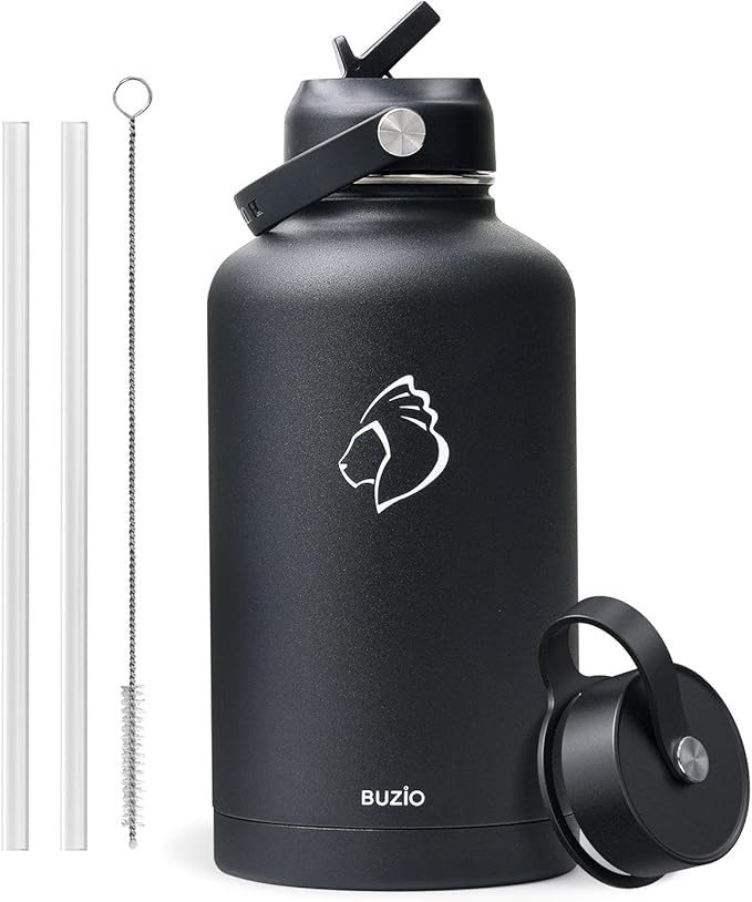 BUZIO 40oz Insulated Water Bottle, Triple Wall Vacuum Stainless Steel Water Flask with 2 lids, Lead-Free BPA-Free Straw Lid Sports Canteen Jug, Cold 48H & Hot 24H- Black