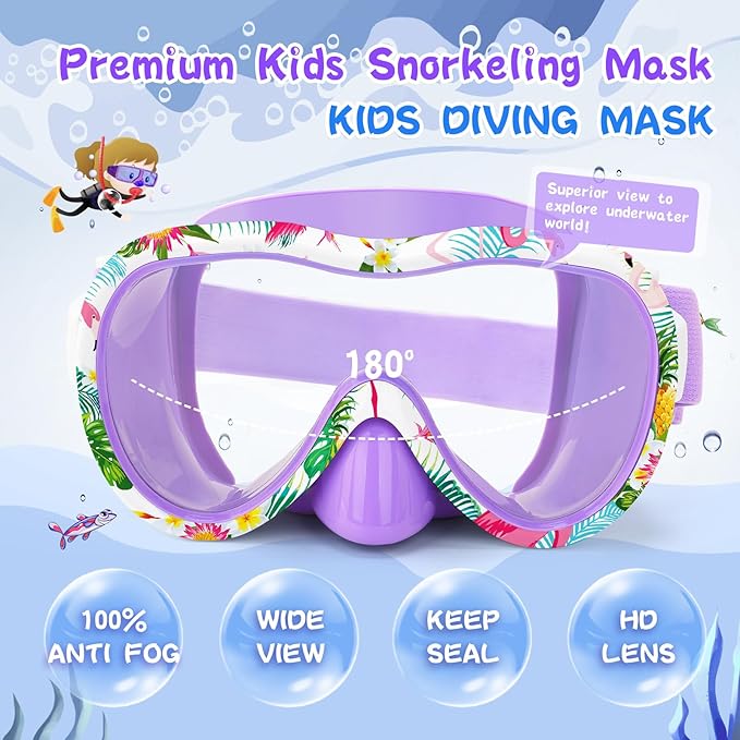 Kids Swim Goggles with Nose Cover, 180° Panoramic Snorkel Mask with Anti-Fog & Anti-Leak Design, Comfort Fabric Strap UV Protection Lens for Boys Girls Ages 3-15