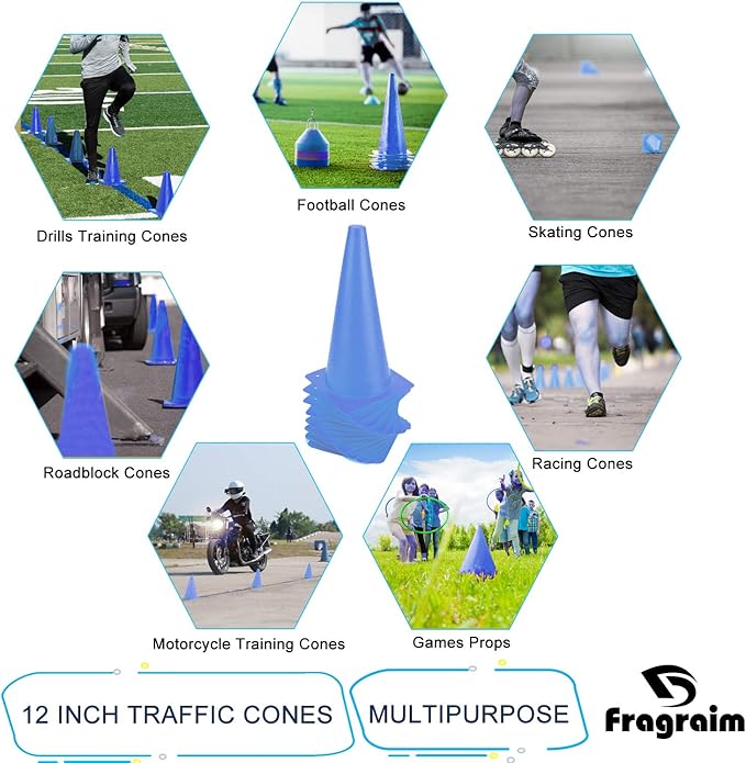 12 Inch Traffic Training Cones, Plastic Safety Parking Cones, Agility Field Marker Cones for Soccer Basketball Football Drills Training, Outdoor Sport Activity & Festive Events - 6 Colors