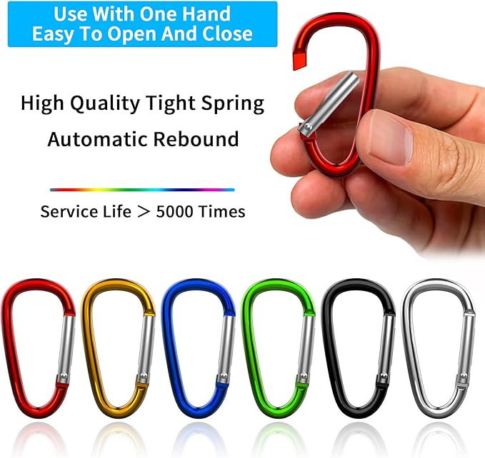 30PCS Aluminum Carabiner Clips, 2" D Shape Spring Snap Hooks Carabiner with 30PCS Keyring Keychain Hook