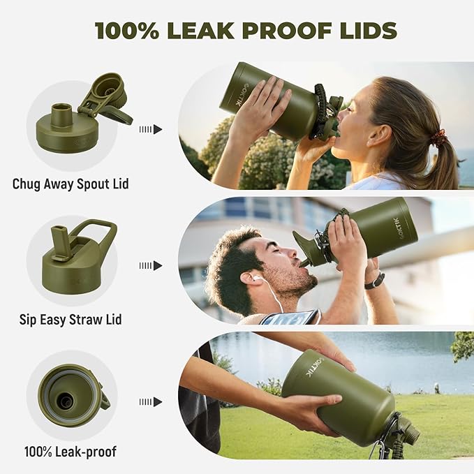 Half Gallon Insulated Water Bottle, 64 oz Triple Wall Stainless Steel Flask, Keeps Drinks Cold for 48 Hrs Leak-Proof & BPA-Free Half Gallon Jug with Paracord Handle, Straw & Spout Lids(Army Green)