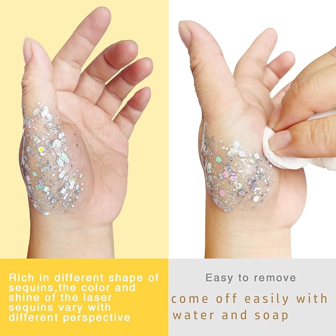 MEICOLY Purple Face Body Glitter,Mardi Gras Outfit for Women,Sparkle Mardi Gras Accessories,Chunky Glitter Face Paint,Face Eye Lip Hair Music Festival Rave Glitter Makeup,Body Glitter Gel for Women