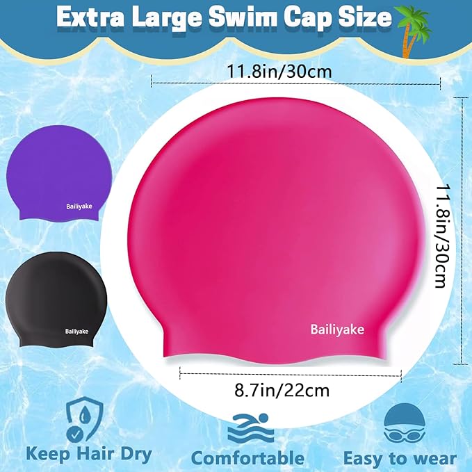 3 Pack Extra Large Swim Cap for Braids & Dreadlocks - Waterproof Silicone Swim Hat for Women with Long Thick Hair, Protective Swim Cap Cover Ears for Swimming, Shower, Bathing