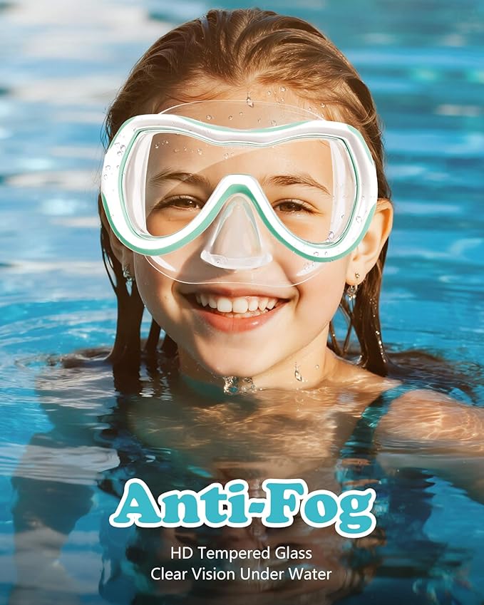 Aegend Kids Swim Mask Goggles, Tempered Glass 180° HD Wide View with Nose Cover