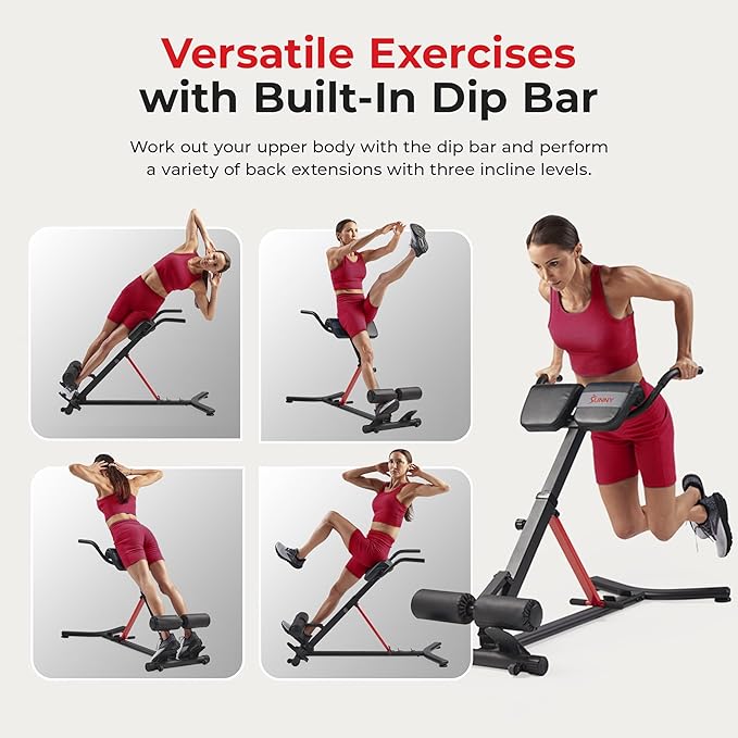 Sunny Health & Fitness Foldable Hyperextension Roman Chair w/Back Extension, Home Gym Sit Up Bench for Glute & Ab Workouts, Optional Adjustment Incline & Multi-Function Heavy-Duty Exercise Equipment
