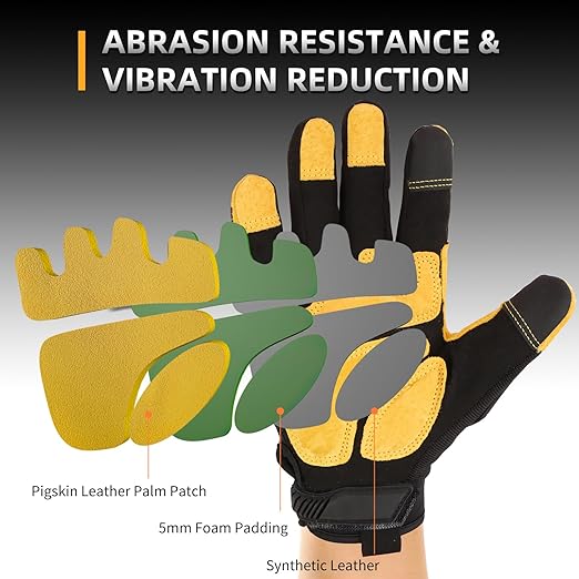 JUMPHIGH Work Gloves for Men, Heavy Ducty TPR Protector Impact Gloves, Anti Vibration, Abrasion Resistance, Flex Grip, Touch Screen (M)