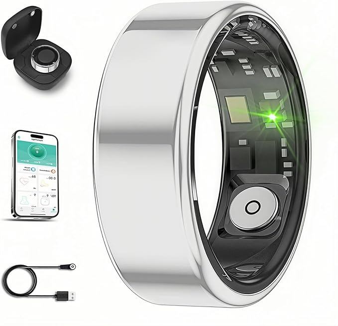 Smart Ring for Men Women with Black Charging Box, Bluetooth, Health Ring , IP68 Waterproof, Fitness Ring Tracks Heart Rate/Sleep/Steps/Sports Activities/Blood Oxygen,non-subscription app (Silver, 8)