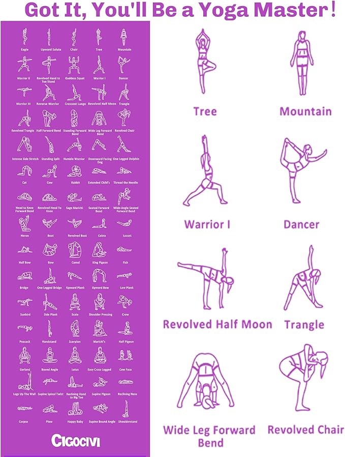 Instructional Travel Yoga Mat with 75 Poses & Exercises - Non-slip Exercise Mat for Home Workout, Includes Carrying Bag - Perfect for Beginners, 68"x24"x0.25"