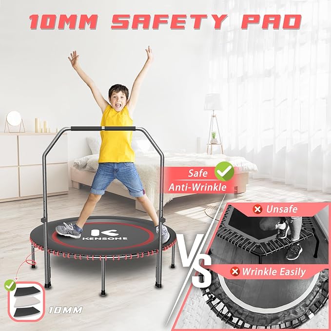 40/48" Low-Impact Rebounder Trampoline for Adults with Bungee, 450/550LBS Quiet Mini Exercise Trampoline with Adjustable U/T-Shaped Foam Handle Bar, Fitness Equipment for Indoor/Gym Workout