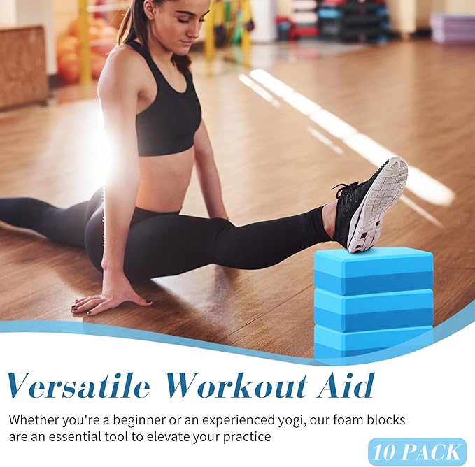 Liliful 10 Pcs Yoga Blocks Bulk Eva Foam Exercise Yoga Brick Soft Non Slip Surface Foam Blocks High Density Yoga Accessories for Workout Stability Balance Deepen Stretches Pilates 9''x6''x3''(Blue)