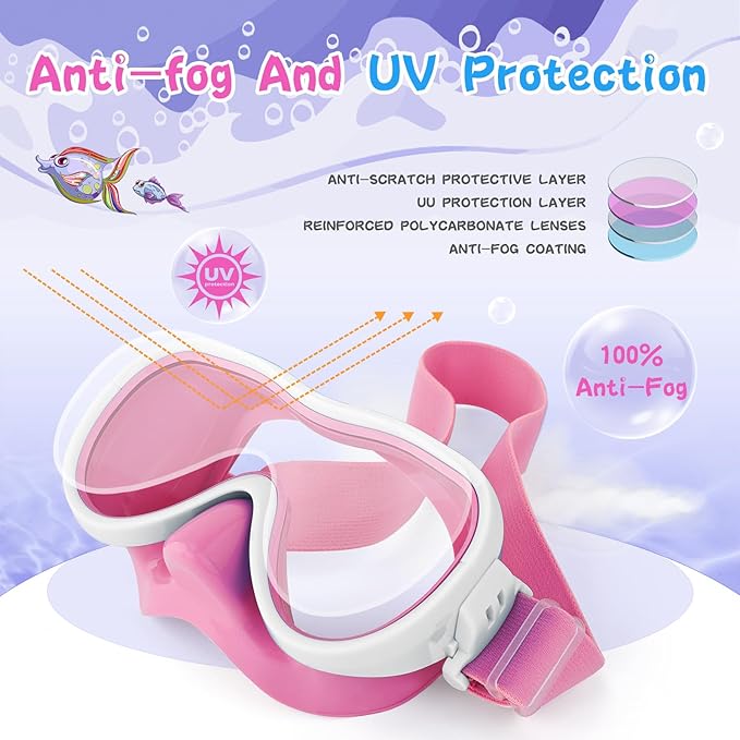 Kids Swim Goggles with Nose Cover, Anti-Leak Swim Mask with Elastic Fabric Strap, UV Protection Swimming Goggles for Kids