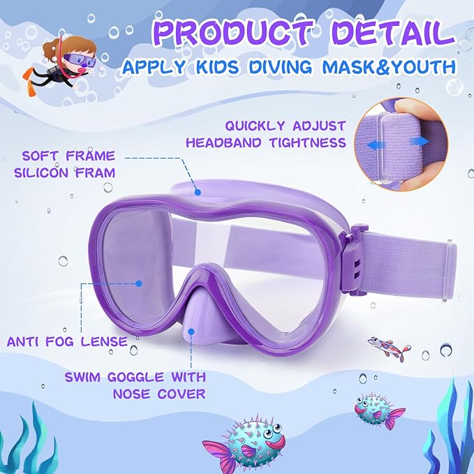 Kids Swim Goggles with Nose Cover, Anti-Leak Swim Mask with Elastic Fabric Strap, UV Protection Swimming Goggles for Kids