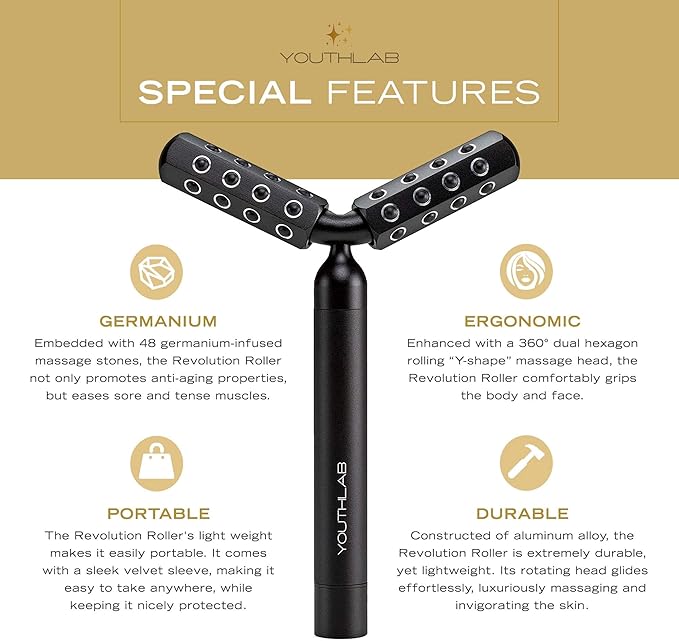 Revolution Roller - Germanium Stone Uplifting Face/Body Beauty Massage Tool/Roller/Wand for Skin Tightening/Firming, De-Puffing, Anti-Aging (Black)