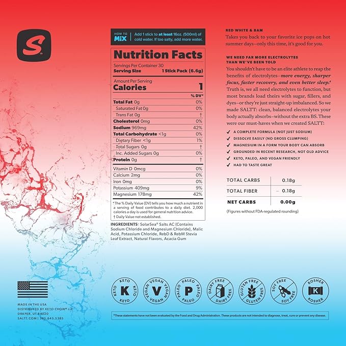 Keto Chow SALTT Electrolytes Powder Packets, Red White & Bam (30 Hydration Packets) - Magnesium, Potassium, Sodium, Trace Minerals - Vegan, Sugar Free, Gluten Free - Travel Essentials - Made in USA