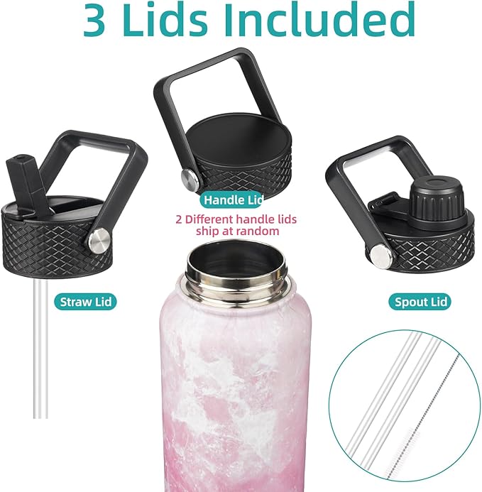 22oz Stainless Steel Bottles with 3 Lids Sport Insulated Water Bottle,Marble Blossom