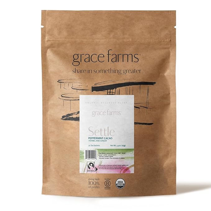 Grace Farms SETTLE Wellness Organic Tea Blend (50 Sachet Pouch) | Peppermint Cacao | Relaxing and Digestive Support | Fairtrade and Kosher | Filled With Antioxidants and Stress-Relieving Herbs | Gives Back 100% of Profits