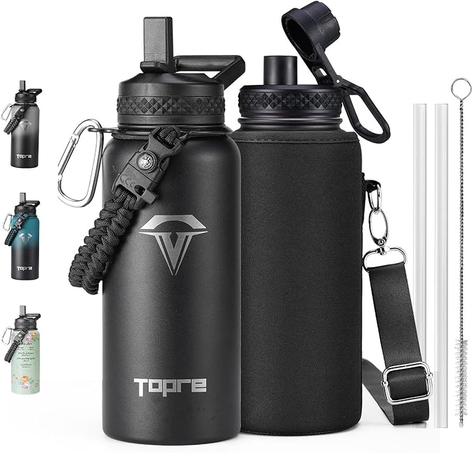 32oz Insulated Water Bottle,Stainless Steel Vacuum Water Bottle, BPA-Free & Leakproof -with Paracord Handle,Strap,Straw Spout Lids,Large Water Jug for Gym Sports