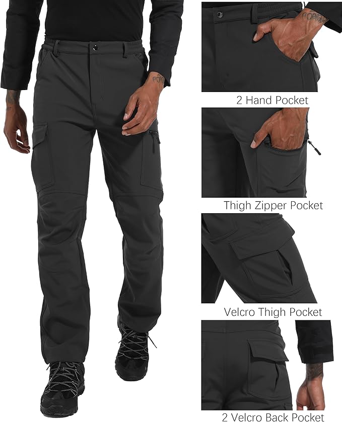 Men's Snow Ski Hiking Pants Winter Fleece Lined Softshell Outdoor Waterproof Insulated Cargo Work Pants