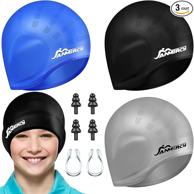 Janmercy 3 Pcs Swim Caps for Boys Girls Silicone Swimming Hat with 3D Ear Pockets for Age 6-15 Bath Hats Short/Long Hair with Ear Plug Nose Clip Supplies