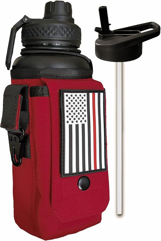 Iron Infidel Battle Bottle - 32 Oz Insulated Water Bottle with Straw Lid & Chug Cap, Stainless Steel Metal Flask Includes Rugged, Removable Sleeve for Keys, Wallet, & Phone (Thin Red Line 1 Liter)