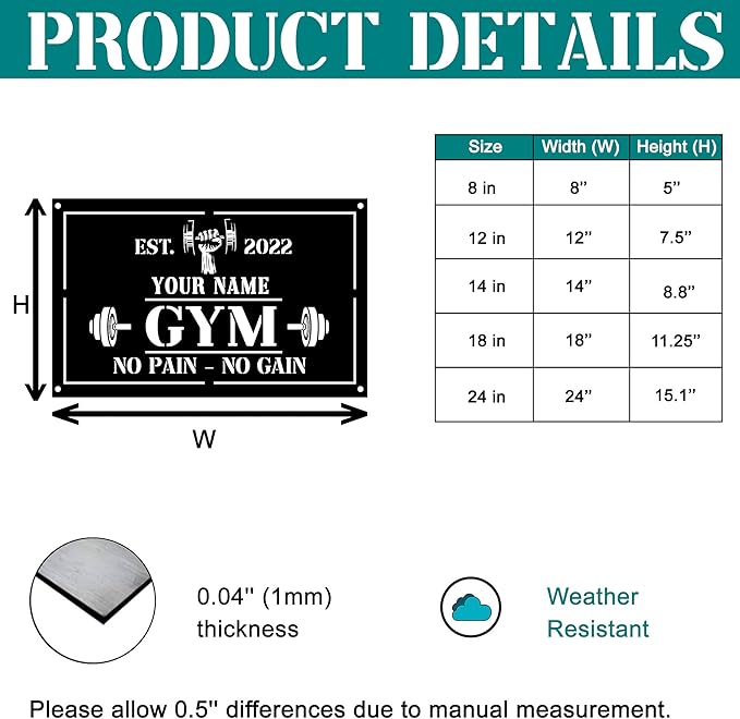 Personalized Home Gym LED Tin Metal Sign Multiple Sizes, Gym Sign Wall Decor, Exercise Workout Room Decor Fitness Center, Motivational Inspirational Hanging Wall Art Wall Plaque (01 w/o lights)
