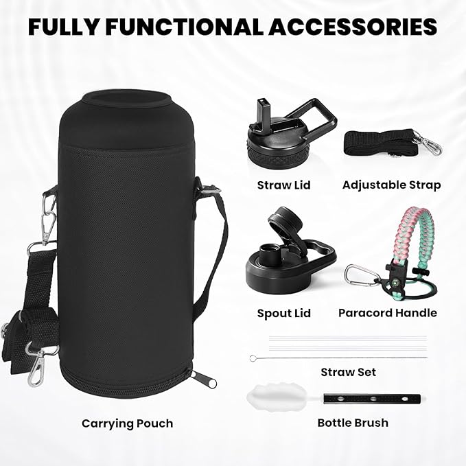 Insulated Water Bottle 87 oz, Triple Wall Vacuum Stainless Steel (Cold for 48 Hrs), Leak Proof & Non-BPA, Modern Water Flask Jug with Paracord Handle & Straw Spout Lids, Hydrangea