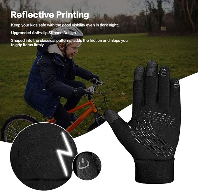 Kids Winter Gloves Back Water Repellent Touchscreen Warm Fleece Anti-slip for Boys Girls Teen 3-15 Years