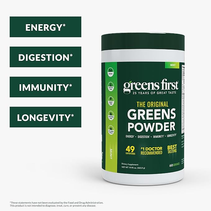 Greens First Original Greens Powder - 49 Superfoods - Organic Fruits & Veggies - Prebiotics, Probiotics & Digestive Enzymes - Antioxidant Smoothie - Dairy Free, Vegan & Non-GMO (Mint, 60 Servings)