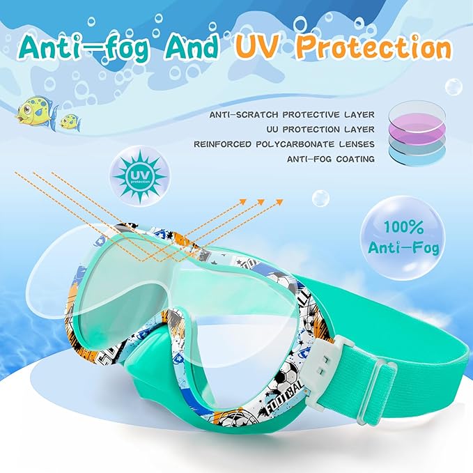 Kids Swim Goggles with Nose Cover, 180° Panoramic Snorkel Mask with Anti-Fog & Anti-Leak Design, Comfort Fabric Strap UV Protection Lens for Boys Girls Ages 3-15