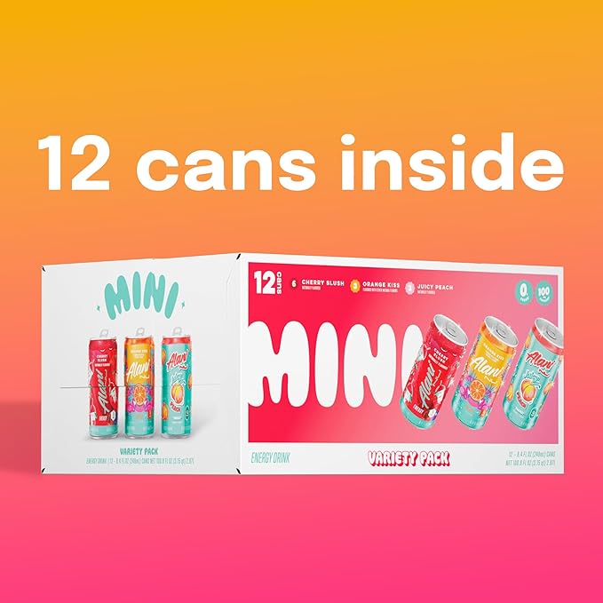 Alani Nu VARIETY PACK (CHERRY SLUSH, JUICY PEACH, ORANGE KISS), Low Calorie Energy Drinks, 100mg Caffeine, Biotin, B Vitamins, Zero Sugar, 10 Calories or Less, 8 Fl Oz Cans, 12 Pack