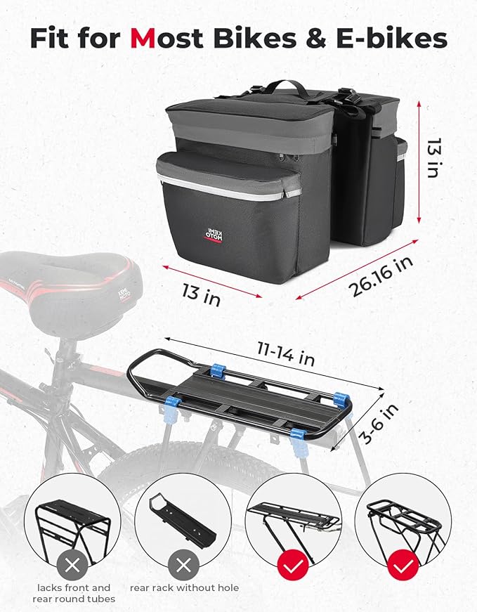 KEMIMOTO Bike Bag Panniers with Rain Cover, 34L Waterproof Bicycle Saddle Bag for Rear Rack Mountain Biking Bags Storage, Ebike Accessories for Commuter Grocery Shopping Travel Carrier, Grey