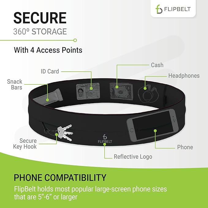 FlipBelt Classic Running Belt, Running Fanny Pack for Women and Men, USA Company
