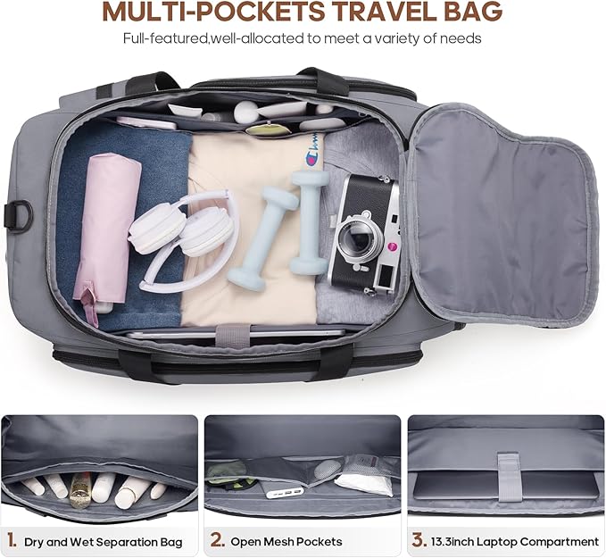 Gym Bag for Men and Women with Shoe & Laptop Compartment, 3-in-1 Sports Travel Duffel Bag Anti-Theft Weekender Carry-On Backpack for Airplane & Workout, Overnight Travel Bag,35L (Dark Grey, Medium)